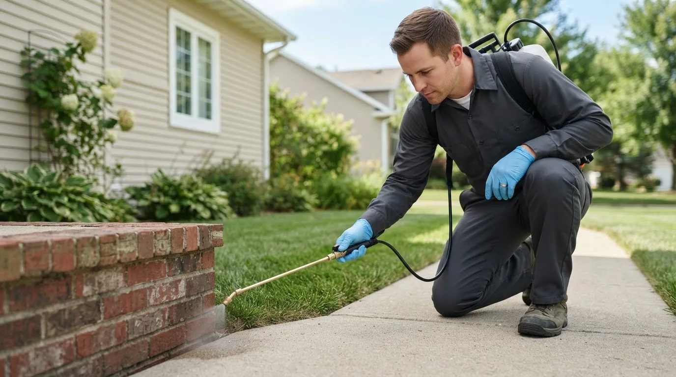 Pest control technician treating a home near Mowrystown, OH