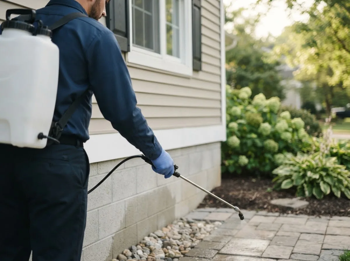 Pest control technician inspecting a home in Mowrystown, OH